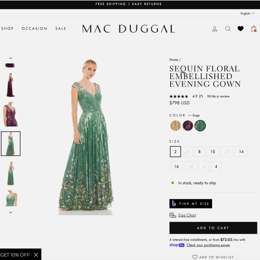 NWT$798 Mac Duggal [ 8 ] Sequin Floral Embellished‎ Evening Gown Sage Green Q728 - Picture 3 of 16